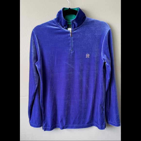 Vintage Tommy Hilfiger Cobalt Blue Velour Quarter Zip Pullover - Picture 1 of 4